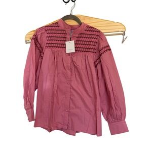 The Shirt Rochelle Behrens Rose Embroidered 100% Cotton Blouse Womens S NWT